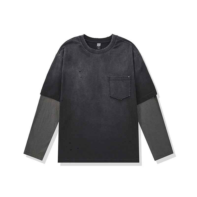 Washed Distressed Printed Faux Two-Piece Loose Long Sleeve T-Shirt For Men Black