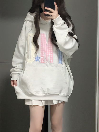Women's Letter Embroidered Star Hoodie | MuddyStock Originals White Gray (Fleece Lined) eprolo