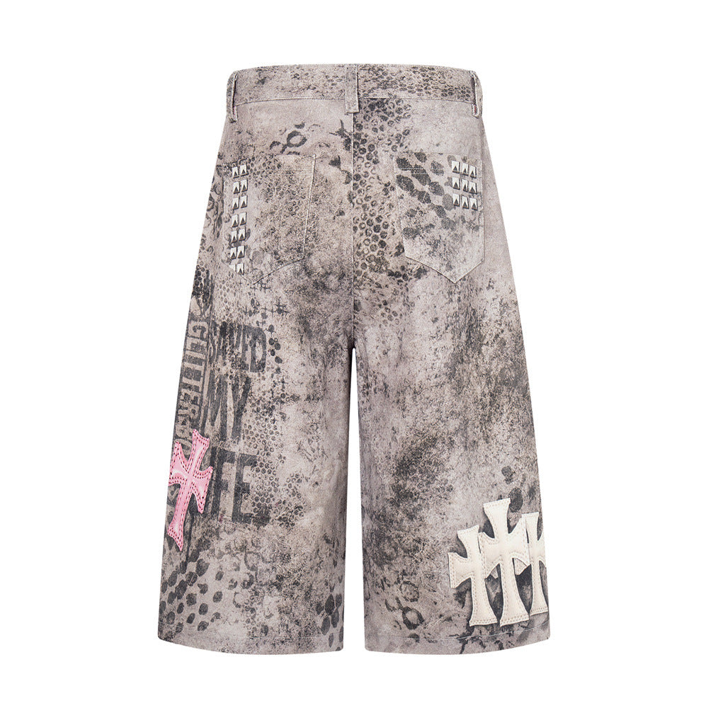 Leopard print denim shorts for women | MuddyStock Originals Gray