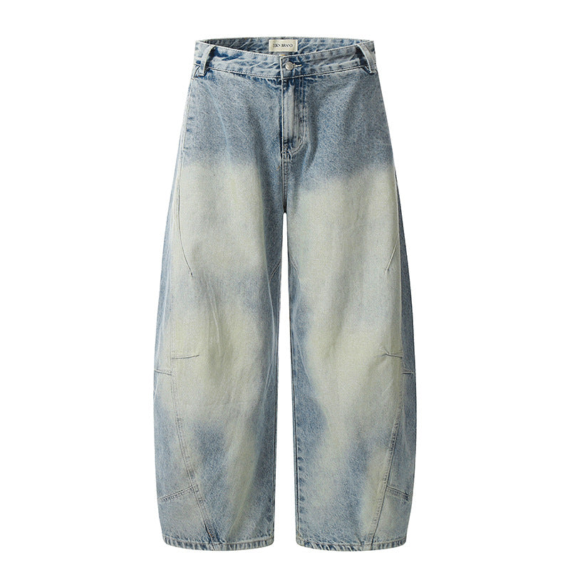 Wrinkle splicing lightning pattern washed white jeans Blue