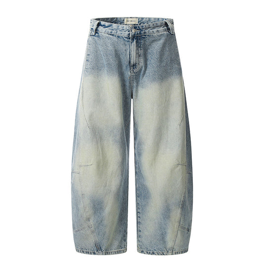 Wrinkle splicing lightning pattern washed white jeans Blue