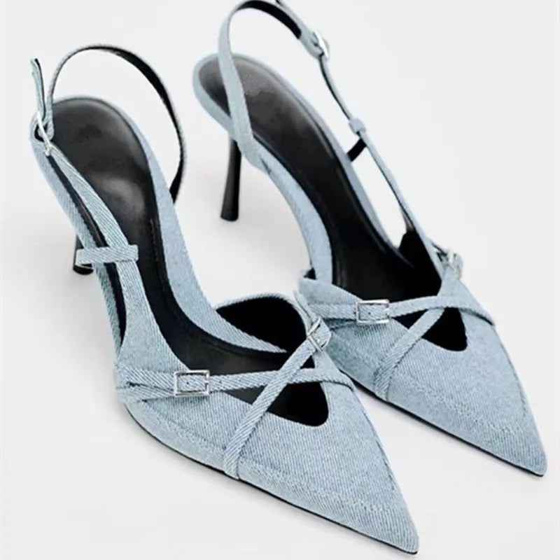 Denim shallow strap hollow toe high-heeled sandals for women