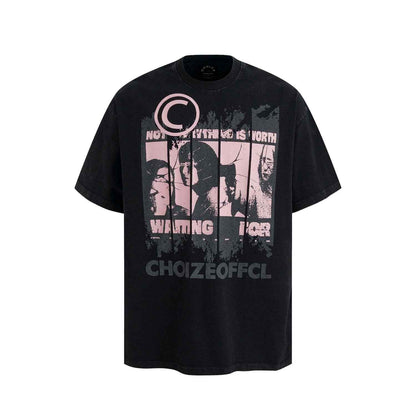 High Street Style Washed Vintage Character Letter Print Short Sleeve T-Shirt For Men | MuddyStock Originals Black MuddyStock