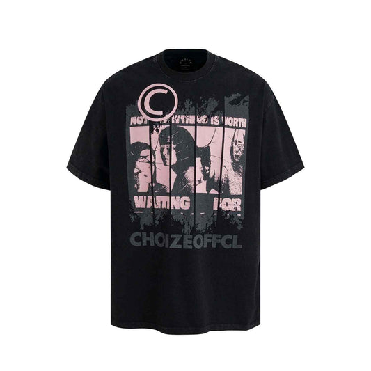 High Street Style Washed Vintage Character Letter Print Short Sleeve T-Shirt For Men | MuddyStock Originals Black MuddyStock