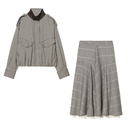 Color blocking collar plaid jacket+half skirt set for women | MuddyStock Originals