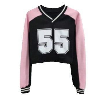 Sports Wind Baseball Jacket Printed V-neck Loose Color-blocking Long-sleeve Versatile Sweatshirt eprolo
