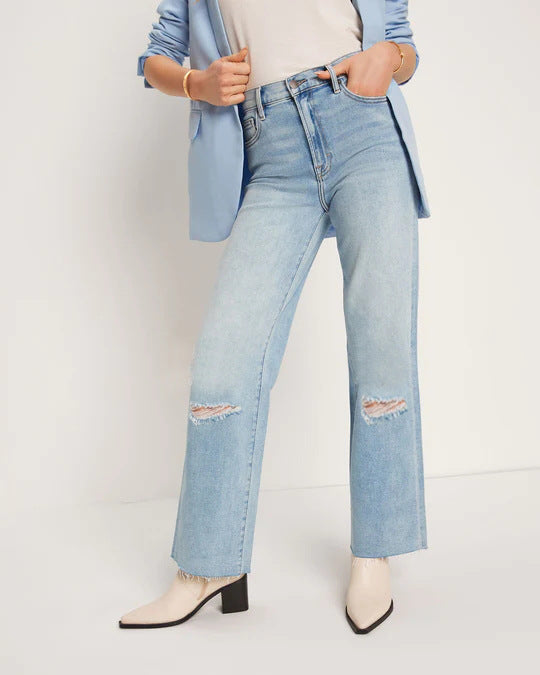 High waisted straight leg ripped loose cropped jeans Light Blue
