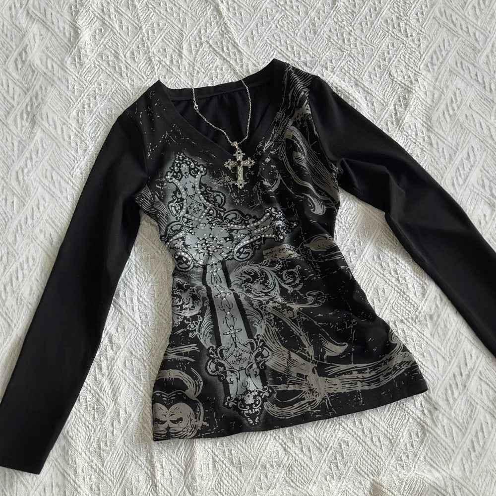 Black printed T retro V long sleeved waist slimming top for women | MuddyStock Originals eprolo