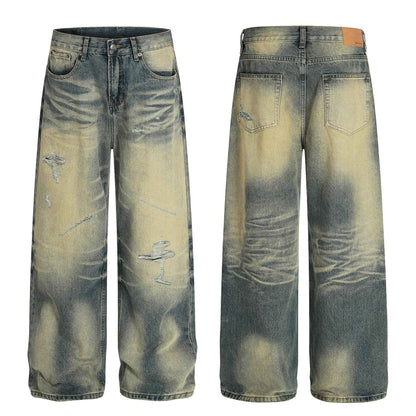 Style Trendy Street Retro Vintage Blue Cat Whisker Pattern Distressed Design Loose Fit Men's Jeans | MuddyStock Originals MuddyStock