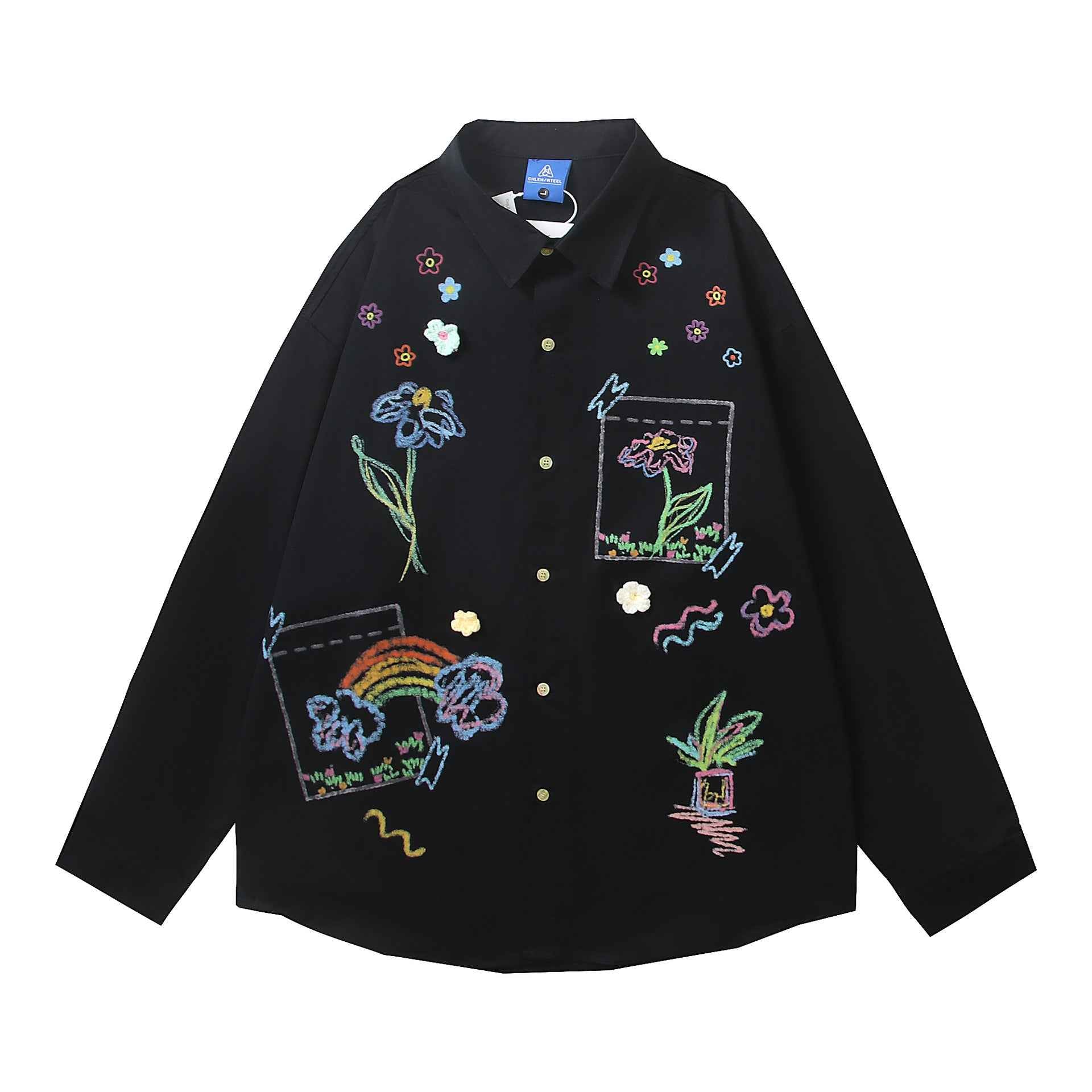 Retro Long Sleeve Graffiti Print Three-Dimensional Small Flower Long Sleeve Shirt For Women | MuddyStock Originals MuddyStock