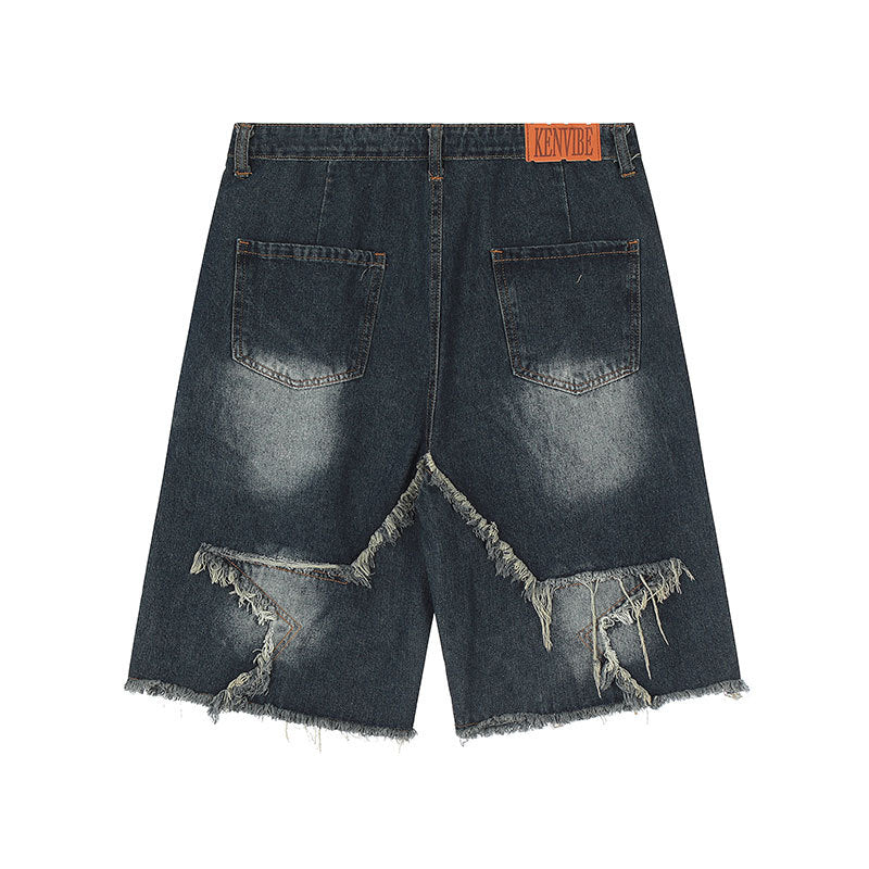 Five pointed star tassel patch denim shorts