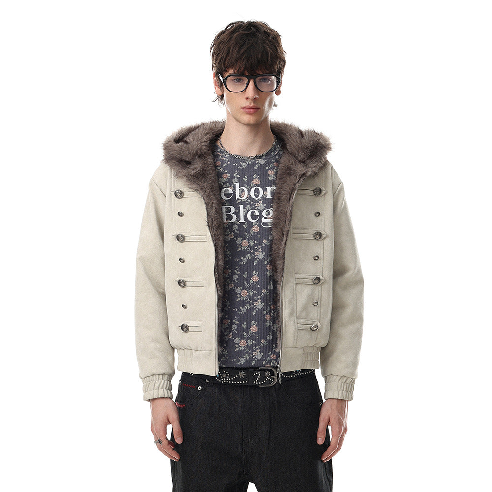 Men's Winter PU Leather Faux Mink Fur Double-Breasted Hooded Thickened Jacket