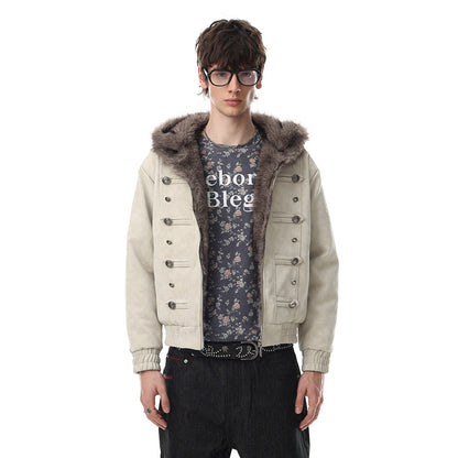 Men's Winter PU Leather Faux Mink Fur Double-Breasted Hooded Thickened Jacket