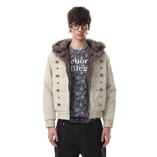 Men's Winter PU Leather Faux Mink Fur Double-Breasted Hooded Thickened Jacket