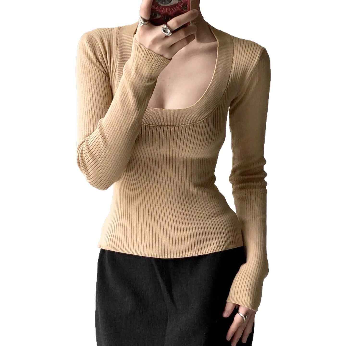 U-Neck Elastic Knit Long Sleeve Top For Women | MuddyStock Originals MuddyStock