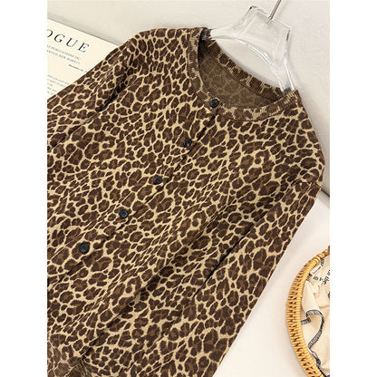Leopard print round neck slim fit sweater top Leopard Color