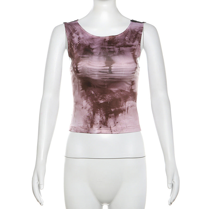 Printed Sleeveless Backless Lace Spliced Crop Top for Women | MuddyStock Originals Purple eprolo