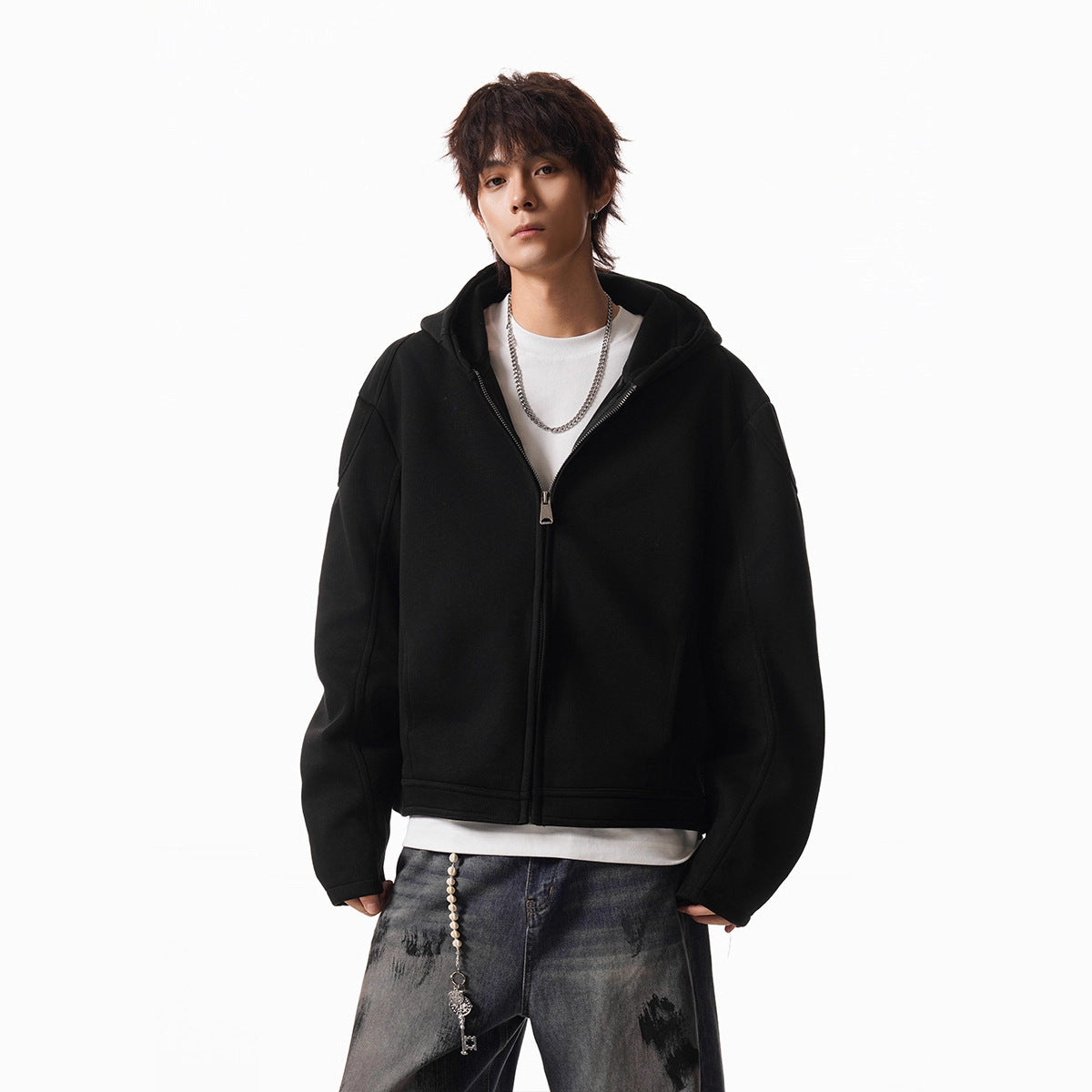 Cleanfit Short Crop Heavyweight Hoodie Jacket for Men Autumn Loose Oversized Hooded Zip-Up Sweatshirt with Regular Shoulders eprolo