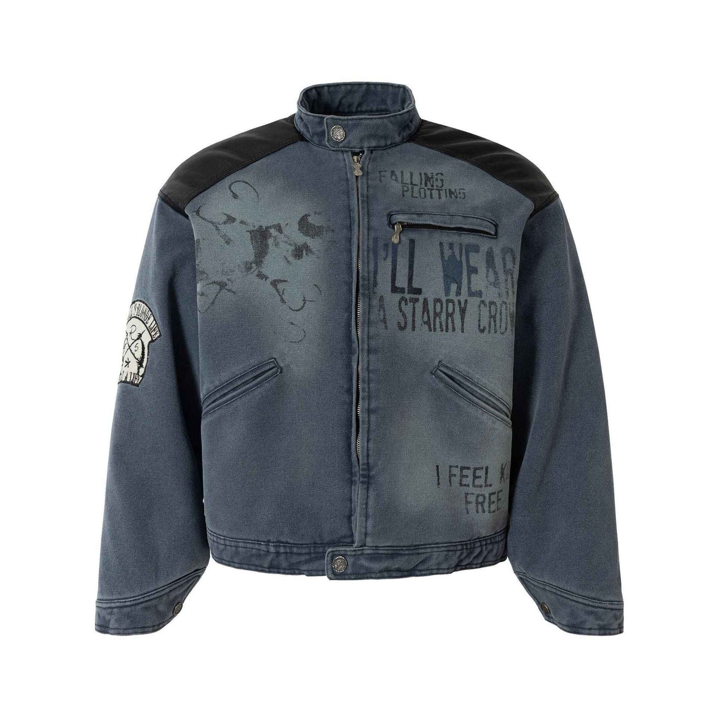 Leather Patchwork Distressed Printed Stand Collar Jacket For Men And Women | MuddyStock Originals MuddyStock