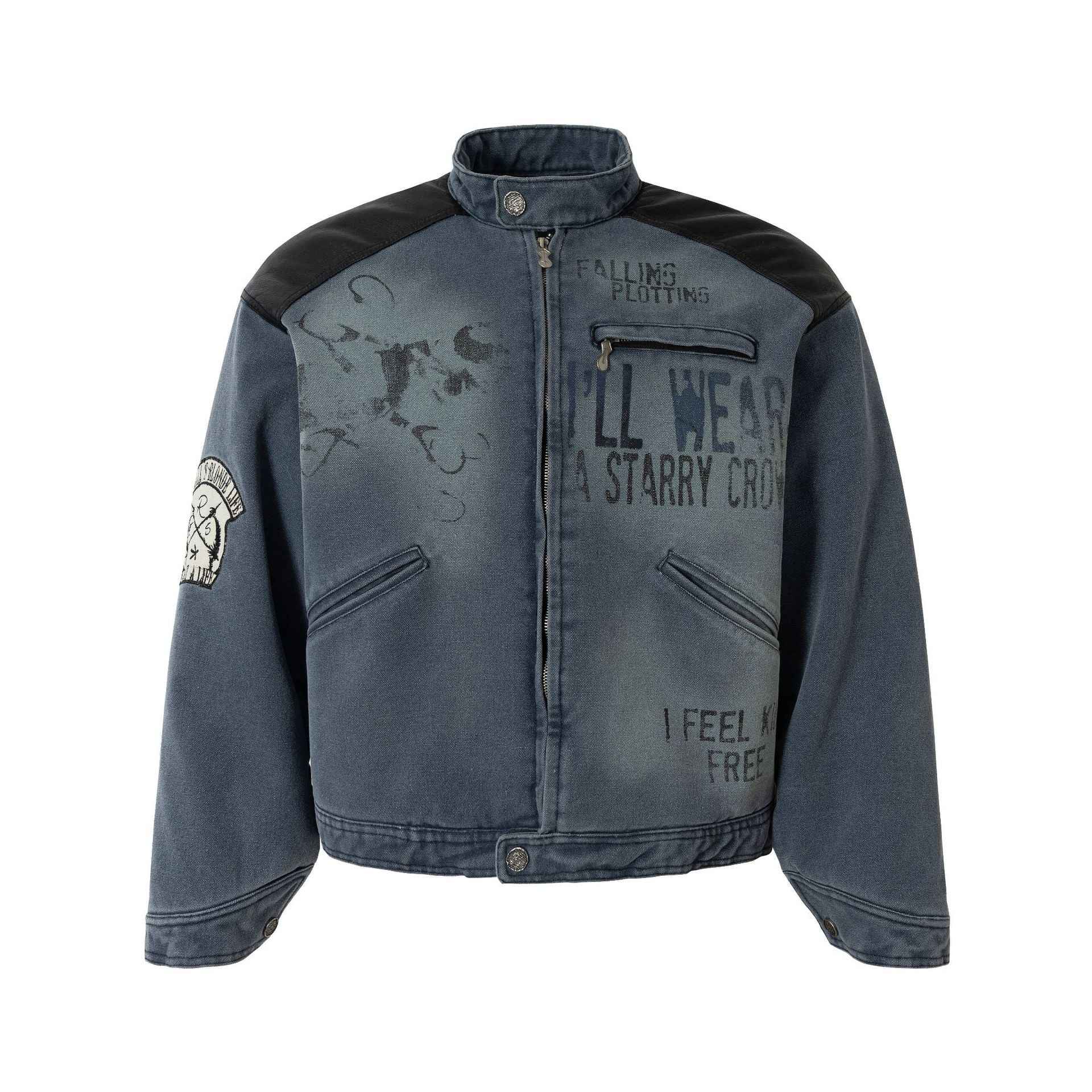 Leather Patchwork Distressed Printed Stand Collar Jacket For Men And Women | MuddyStock Originals MuddyStock