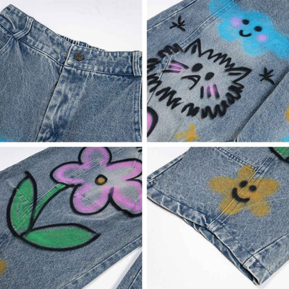 Cartoon graffiti printed jeans wide leg pants for women | MuddyStock Originals