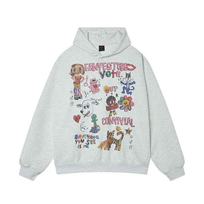 Cartoon Graffiti Hoodie For Women Flower Gray