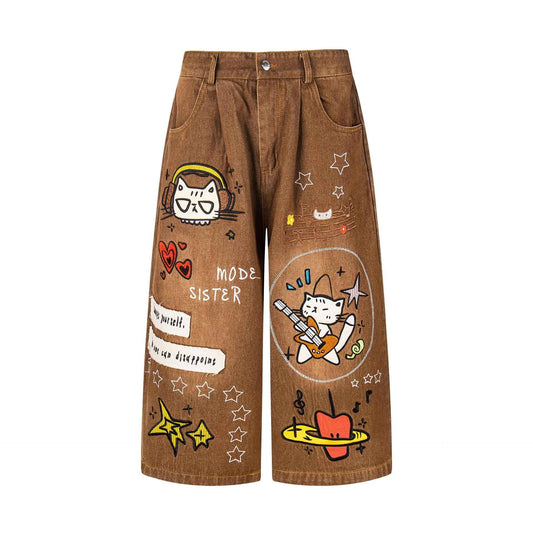 Kitten Patchwork Cropped Pants For Women | MuddyStock Originals brown