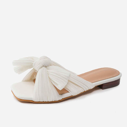 Women's Summer Flat Bottom Bow Mesh Outer Wear Fingerless Slippers white