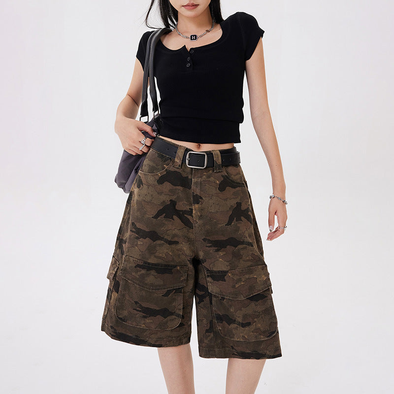 Women's High-Waist Wide-Leg Camouflage Shorts Multi-Pocket Work Pants Denim Pants Camouflage Shorts