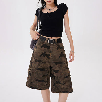 Women's High-Waist Wide-Leg Camouflage Shorts Multi-Pocket Work Pants Denim Pants Camouflage Shorts