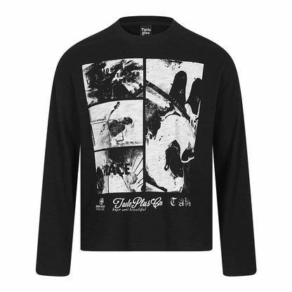 Rock Print Design Long Sleeve Distressed Washed Look Loose Fit T-Shirt For Men | MuddyStock Originals Black