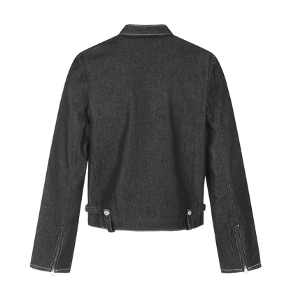 Denim Multi-Zipper Stand Collar Cropped Slim Biker Jacket For Men | MuddyStock Originals