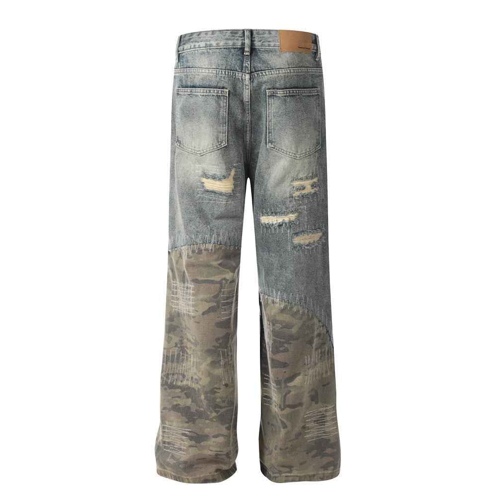 Camouflage Patchwork Distressed Straight Leg Jeans For Men And Women | MuddyStock Originals MuddyStock