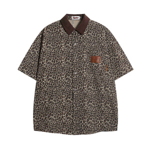 Leopard print collar short sleeved shirt for men | MuddyStock Originals Brown