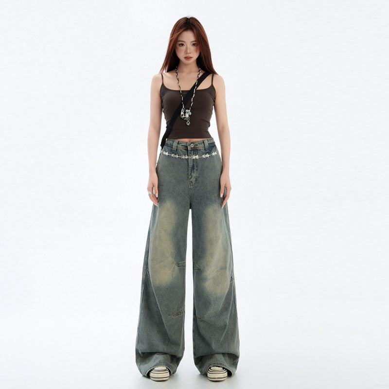Wide Leg Straight Leg Denim Pants for Women | MuddyStock Originals Vintage Blue # Extended Length MuddyStock