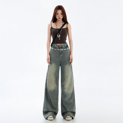 Wide Leg Straight Leg Denim Pants for Women | MuddyStock Originals Vintage Blue # Extended Length MuddyStock