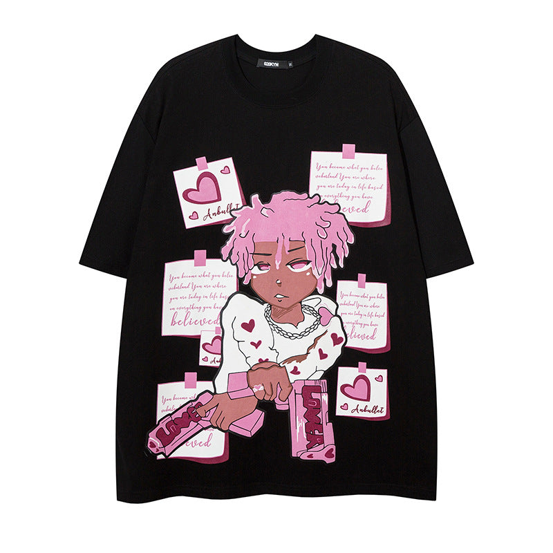Anime character printed short sleeved shirt Black