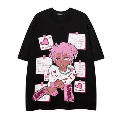Anime character printed short sleeved shirt Black