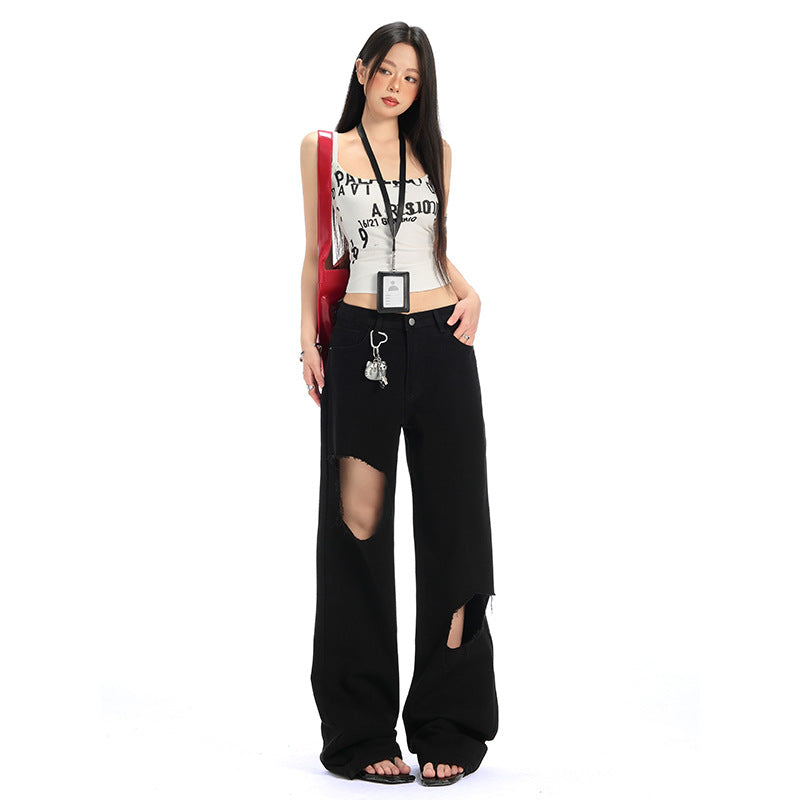 Hole Black Denim Pants For Women | MuddyStock Originals Black Long Pants MuddyStock