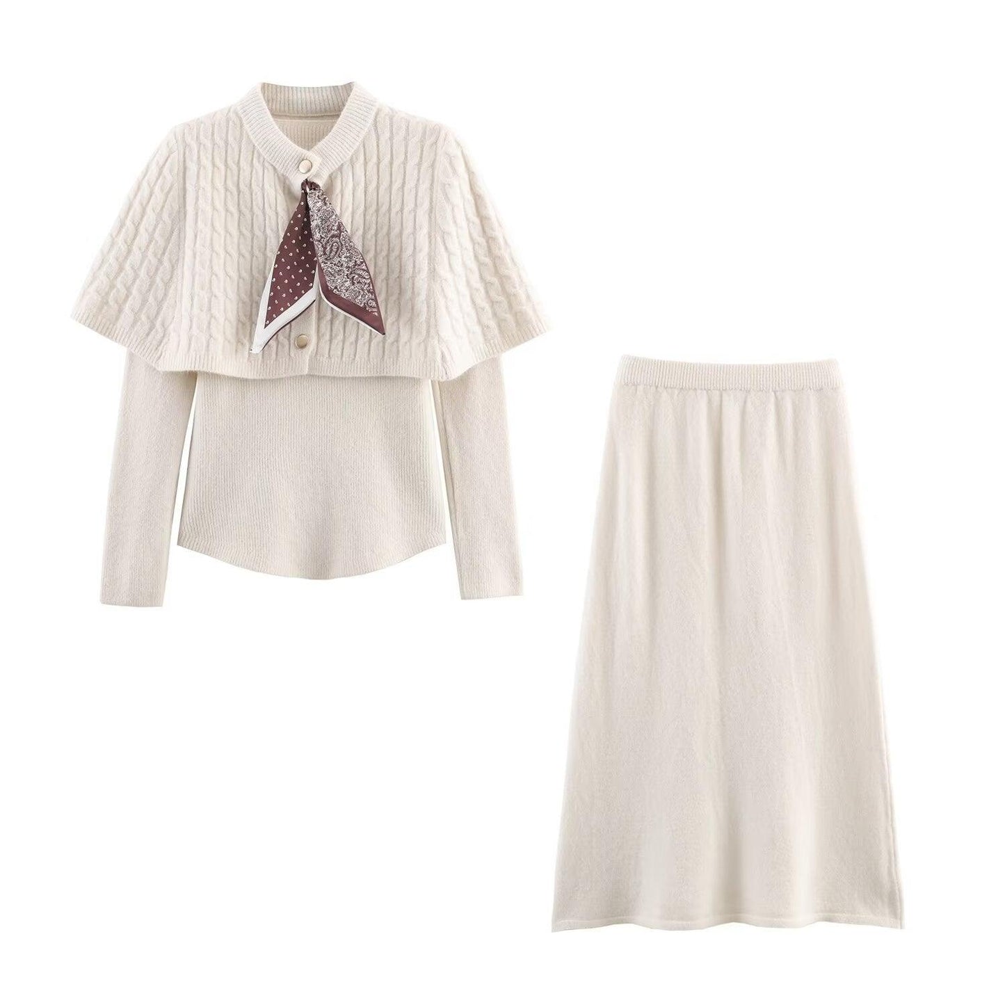 Women's Knit Three-Piece Set with Scarf Sleeve Top and Matching Pants | MuddyStock Originals Beige Set
