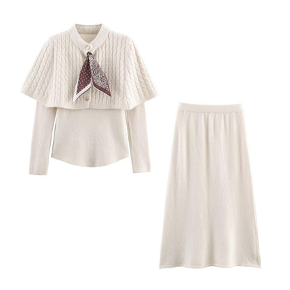 Women's Knit Three-Piece Set with Scarf Sleeve Top and Matching Pants | MuddyStock Originals Beige Set
