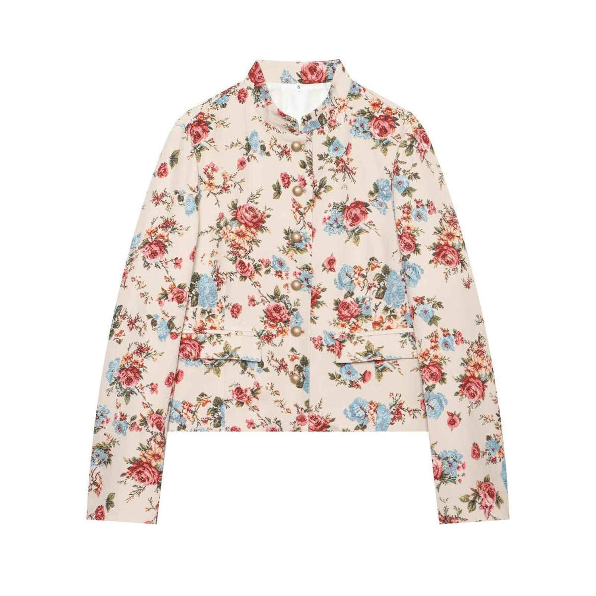 Flip button stand up collar floral print jacket for women | MuddyStock Originals