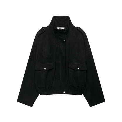 Sueded Cargo Jacket for Women Loose Short Coat Black