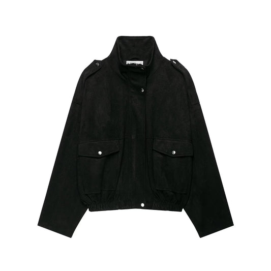 Sueded Cargo Jacket for Women Loose Short Coat Black
