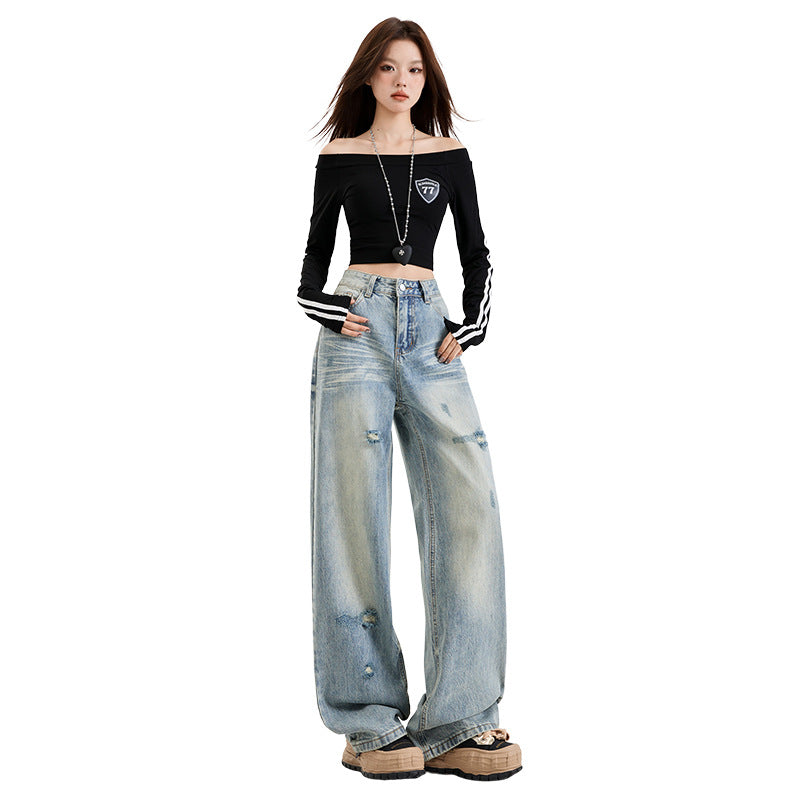 Washed Distressed Floor-Length Wide Straight Leg Pants for Women | MuddyStock Originals MuddyStock