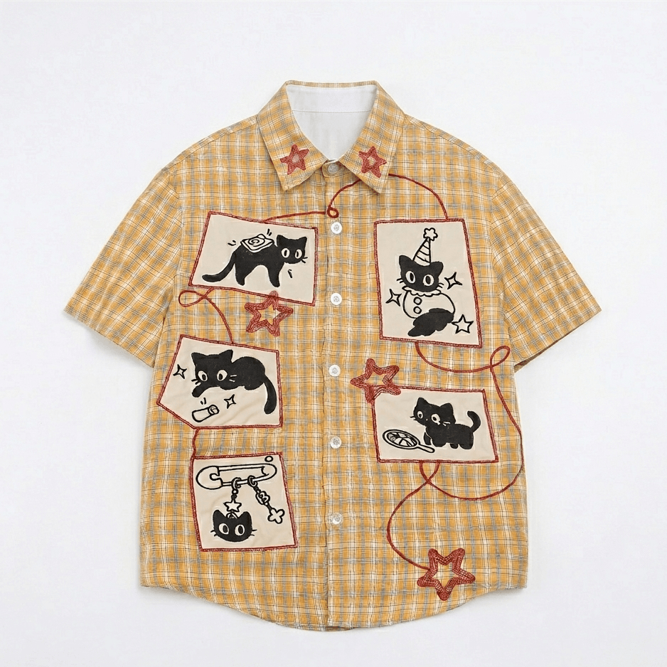 Retro Cute Cat Graphic Print Short Sleeve Button-Down Shirt | MuddyStock Originals Yellow