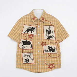 Retro Cute Cat Graphic Print Short Sleeve Button-Down Shirt | MuddyStock Originals Yellow