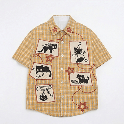 Retro Cute Cat Graphic Print Short Sleeve Button-Down Shirt | MuddyStock Originals Yellow