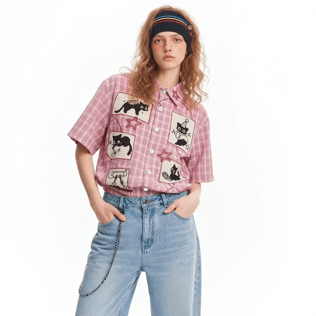 Retro Cute Cat Graphic Print Short Sleeve Button-Down Shirt | MuddyStock Originals