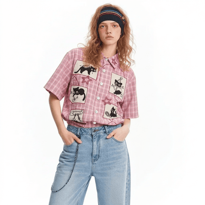 Retro Cute Cat Graphic Print Short Sleeve Button-Down Shirt | MuddyStock Originals